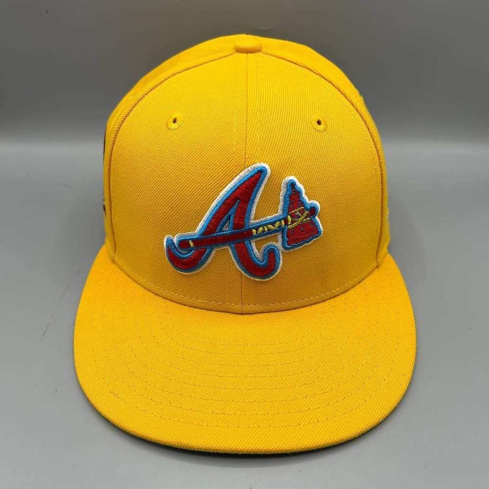Atlanta Braves MLB Hat Men 7 1/8 Yellow Blue 59Fifty New Era Fitted Cap